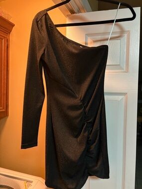 SHEIN Black One-Shoulder Long-Sleeve Ruched Sparkle Dress